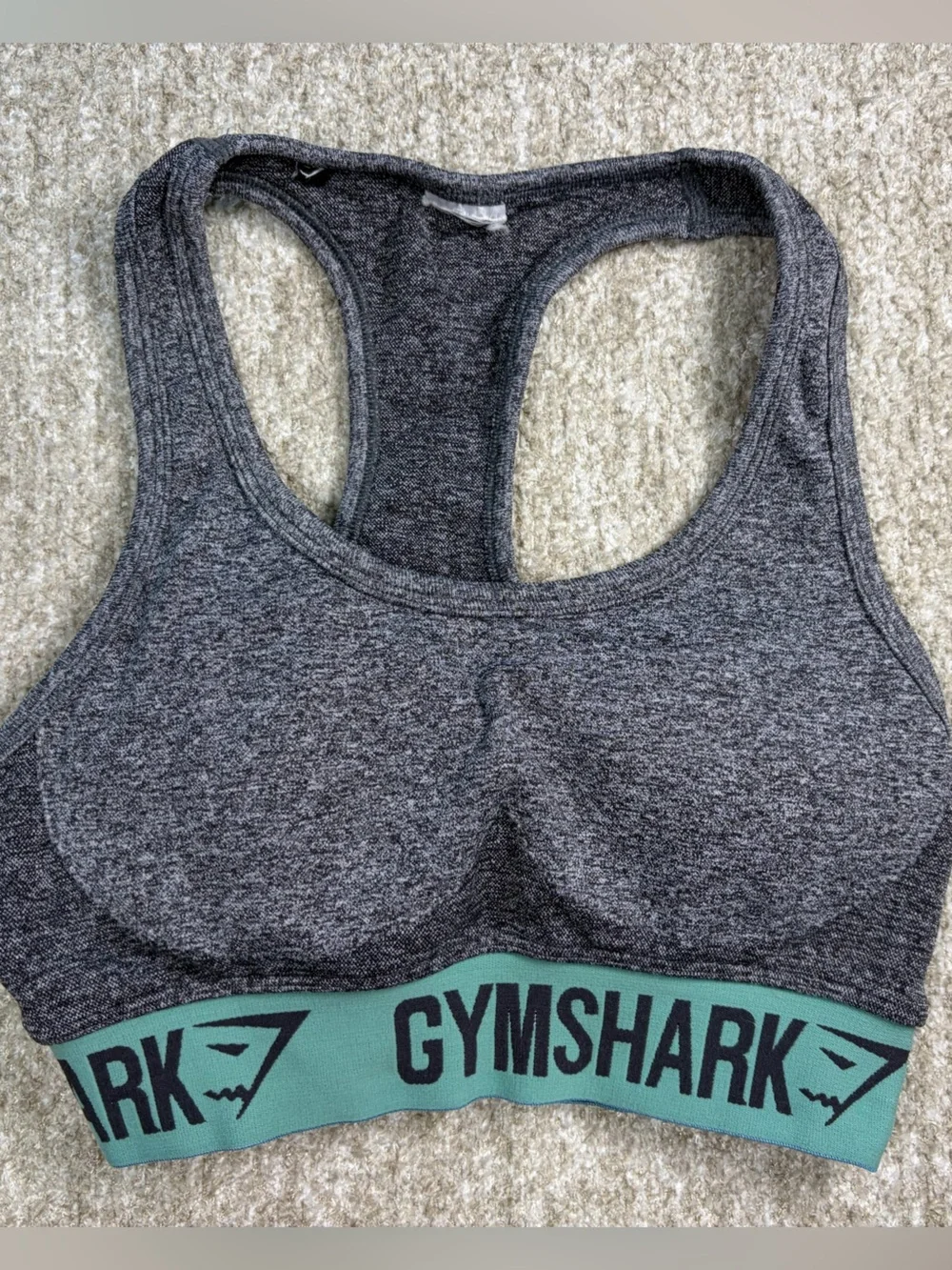 Gymshark Gray Racerback Sports Bra with Teal Logo Band No Tag
